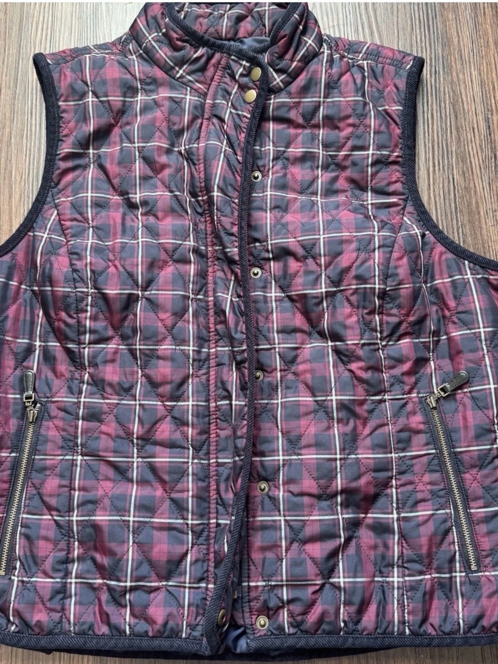 Talbots Vest Womens Quilted Puffy Full Zip Plaid Navy Red Pockets Large Petite